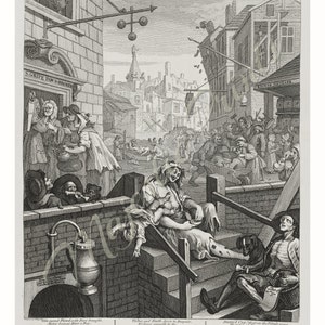 May include: A black and white engraving depicting a crowded street scene with the title "Gin Lane". The engraving shows people in various states of intoxication and despair, including a woman breastfeeding a baby while sitting on a set of stairs, a man lying on the ground, and a group of people gathered around a gin shop. The engraving is a commentary on the social problems associated with gin consumption in 18th-century England.
