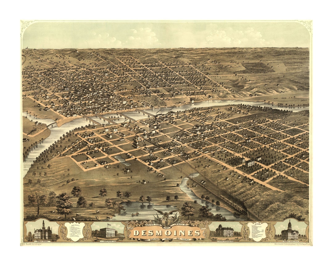 1868 Map of Des Moines Iowa Old Maps and Prints Vintage Art Print
