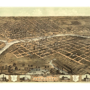 Carte de 1868 Des Moines Iowa - cartes anciennes et gravures - Vintage Art Print - Antique Birds Eye City Map - histoire de cadeau - Americana - carte historique