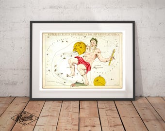 Aquarius Zodiac Art Print - Astronomy Astrology Horoscope Art - Vintage Celestial Constellation Chart - Old Maps and Prints