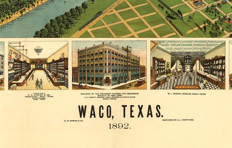 1892 Bird's Eye Map of Waco Texas Vintage Art Print Etsy