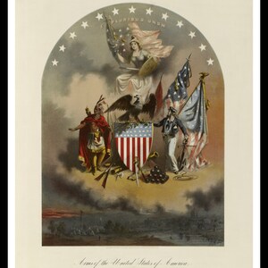 May include: A historical lithograph titled Arms of the United States of America featuring a central shield with stars and stripes, an eagle, a figure in a red cloak, a sailor with an anchor, and a female figure above with the text E Pluribus Unum.