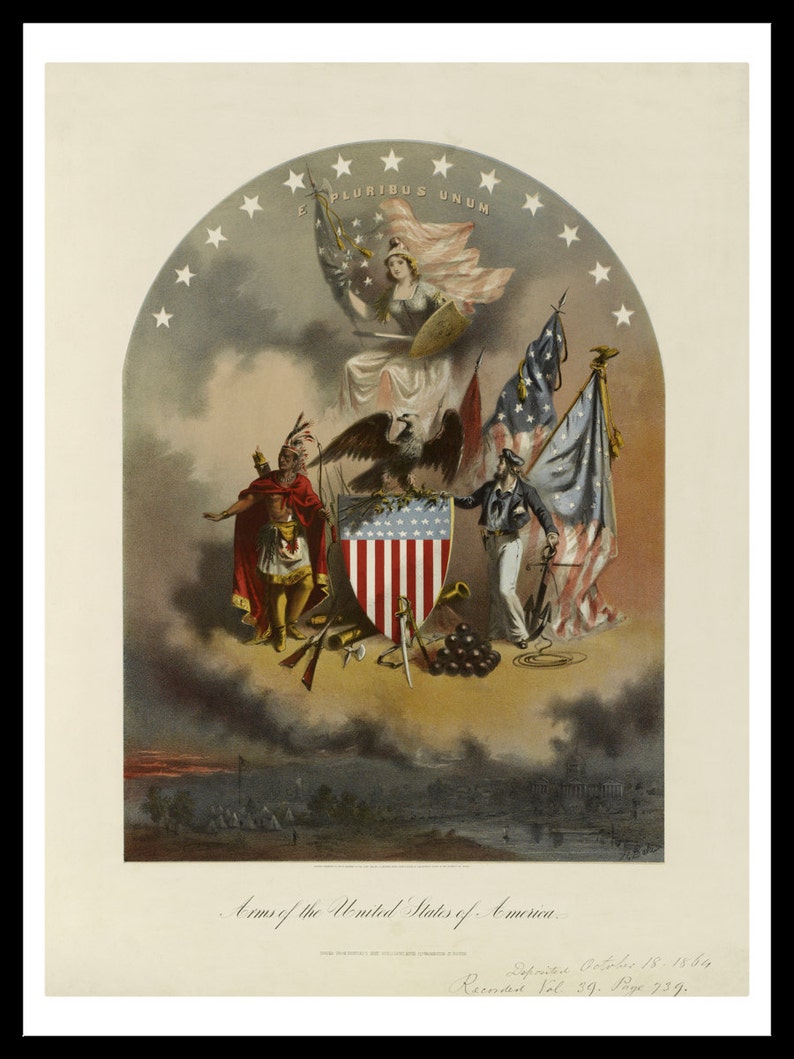 May include: A historical lithograph titled Arms of the United States of America featuring a central shield with stars and stripes, an eagle, a figure in a red cloak, a sailor with an anchor, and a female figure above with the text E Pluribus Unum.