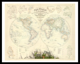 Historic Map : 1842 Mappemonde en Deux Hemispheres. - Vintage Wall Art -  41in x 24in