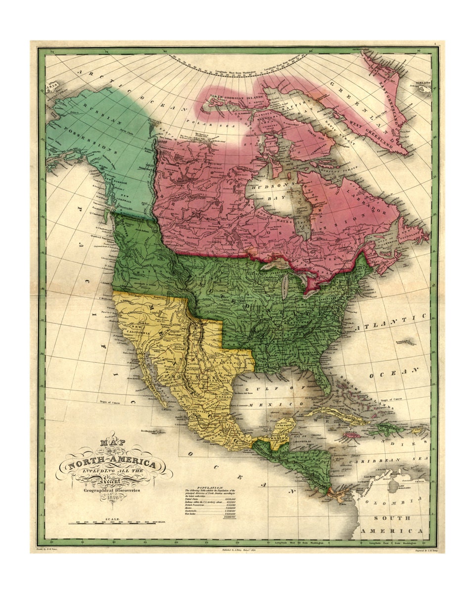1826 Map of North America - Old Maps and Prints - Vintage Art Print 