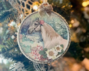 White Horse Christmas Ornament, Perfect Gift For Equine Lover, Equestrian Keepsake, Country Rustic Winter Snow Scene With Flowers