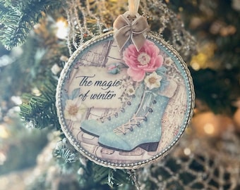 Ice Skates 'Magic Of Winter' Christmas Ornament, Chic Elegant Holiday Home Decor, Handmade Wooden Holiday Gift