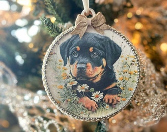 Rottweiler Puppy Christmas Ornament, Handmade Wood Gift For Dog Lover, Pet Memorial Gift