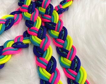 Neon Rainbow Horse Reins, Bright Braided Flat Paracord Reins, Great for Trail Riding, Endurance, Barrel Racing, Horseback Riding Lessons