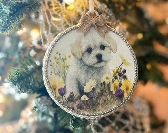 Sweet Bichon Frise Puppy Christmas Ornament, Great Gift For Dog Mom, Pet Memorial Keepsake, Small Wood Wall Hanging Decor