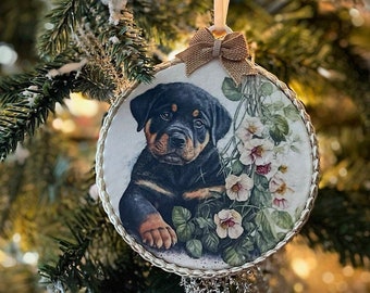 Rottweiler Puppy Christmas Ornament, Rustic Gift For Dog Lover, Dog Mom and Dad