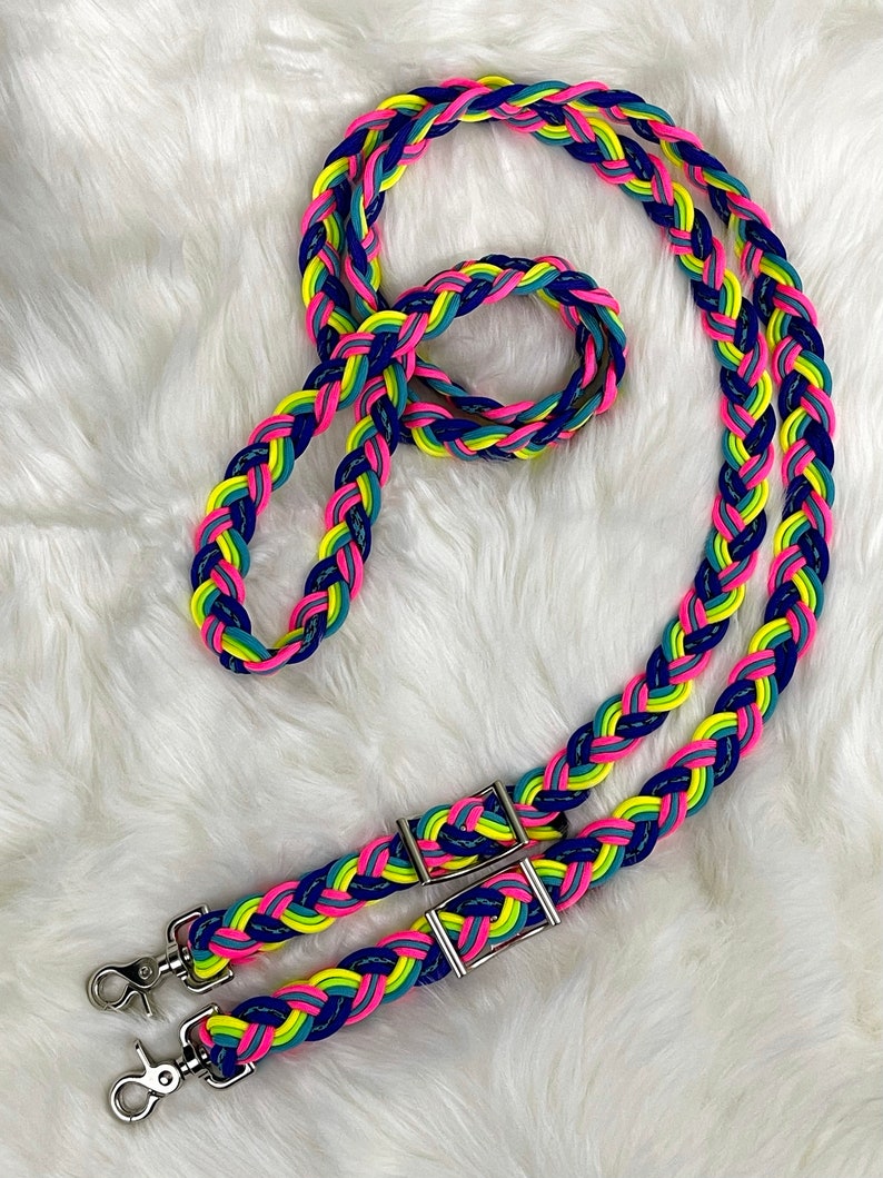 Neon Rainbow 6ft Horse Reins, Bright Braided Flat Paracord Reins, Great