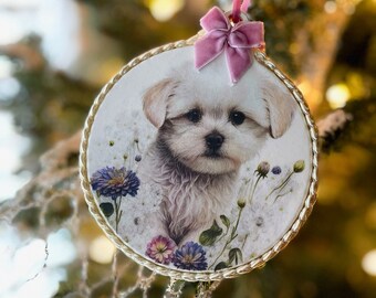 Bichon Frise Puppy Christmas Ornament, Gift For Pet Dog Lover, Pink Bow