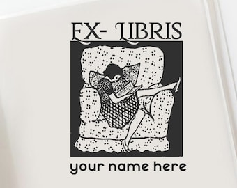 Girl Reading a Book Custom Ex Libris Stamp, Custom Library Stamp, Personal Library Stamp, Vintage Custom Bookplate  -0946190620-