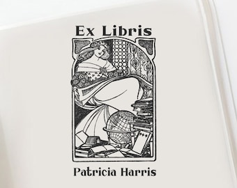 Dame met Boek Art Deco Ex Libris Gift Stamp, Ar Nouveau Persoonlijke Bibliotheek Stempel, Custom Bookplate, Art Deco Custom Book Stamp -093716-