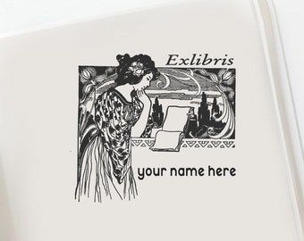 Reading Lady Custom Ex Libris Stamp,  Lady Reading a Book Library Stamp, Personal Bookplate, Personal Library Stamp  -16002505020-