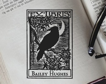 Crow Ex Libris Custom Stamp, Moon & Crow Vintage Customizable Ex Libris Rubber Stamp, Vintage Bookplate Stamp, Booklovers Gift -1006180618-