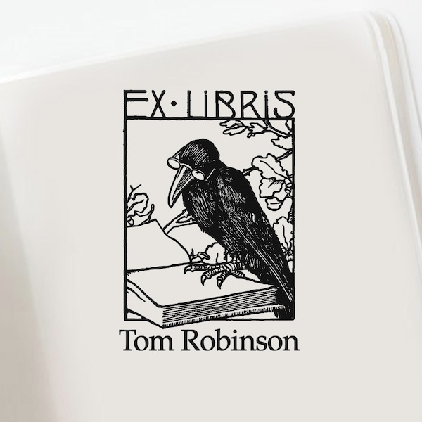 Custom Ex Libris Stamp, Custom Reading Crow Bookplate, Bookplate Rubber Stamp, Wood Bolck Mount Ink Stamp -1259190717-