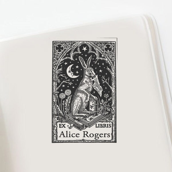 Fairytale Rabbit Ex Libris Custom Stamp, Rabbit and the Moon Ex Libris Stamp, Bookplate Stamp, Book lovers Gift  -185425-