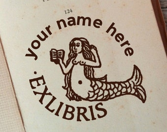 Reading Mermaid Vintage Custom Ex Libris Stamp, Personalizable Booklovers Gift Idea  -2303100518-