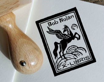 Custom Ex Libris Stamp, Vintage "PEGASUS" Customizable Ex Libris Stamp, Personalizable Bookplate Rubber Stamp  -0849080817-