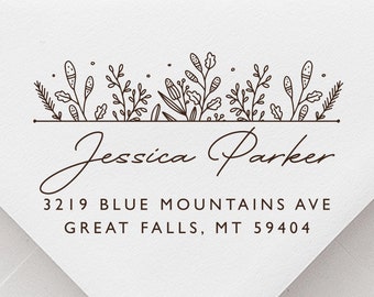 Floral Return Address Stamp, Flowers Handwritten Return Address Stamp, Housewarming Gift Stamp, Mountain Wedding Stamp  -203931-