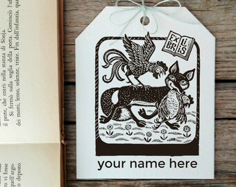 The Fox and the Rooster Custom Ex Libris Stamp, Vintage Fox and Rooster Custom Bookplate Stamp, Personalizable Gift Idea  -1041180618-