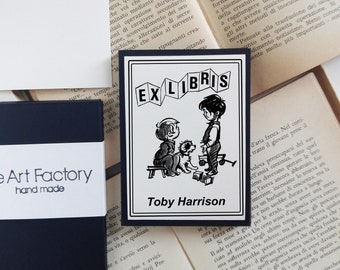 Kids with Dog Custom Ex Libris Stickers Set -1945, Baby Boys Bookplate Stickers Gift Box, Library Stickers, Book Stickers Set, Book Gift