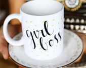 Girl Boss Go Getter Lady Polka Dot Gold Black Handlettered Fashion Handmade Inspirational Gift Coffee Mug