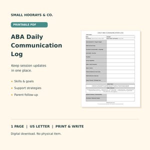 May include: A printable PDF ABA Daily Communication Log on a US Letter page. The document features sections for child name, date, program targets, skills, communication, social skills, transitions, sensory regulation, safety, and parent follow-up.