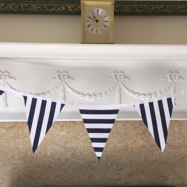 Handmade Nautical Stripe Navy Blue & White Seaside Bunting Polycotton various sizes available