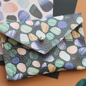 Leather credit card holder or jewellery pouch in deep green sea glass pattern