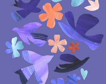 Vibrant birds and flowers collage art print, nature paper cut outs in Matisse style