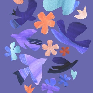 Vibrant birds and flowers collage art print, nature paper cut outs in Matisse style image 1