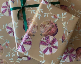 Pomegranate fruit gift wrap set, luxury vintage botanical Christmas or Eid wrapping paper, festive fruit persephone recyclable gift wrapping