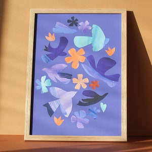 Vibrant birds and flowers collage art print, nature paper cut outs in Matisse style image 2