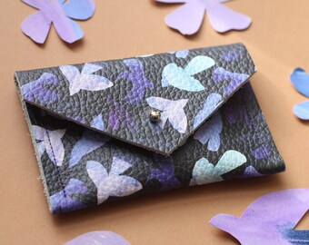 Dove print leather card wallet in purple and blue dove print