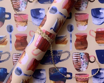 Vintage mugs wrapping paper, studio ceramics giftwrap for coffee lovers.