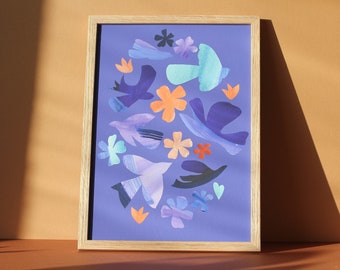 Purple abstract birds and flowers collage art print-paper cut outs in Matisse style