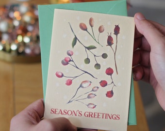 Vintage Botanical Christmas Card - Pastel Christmas set of cards- Winter Berries Vintage Holiday Card