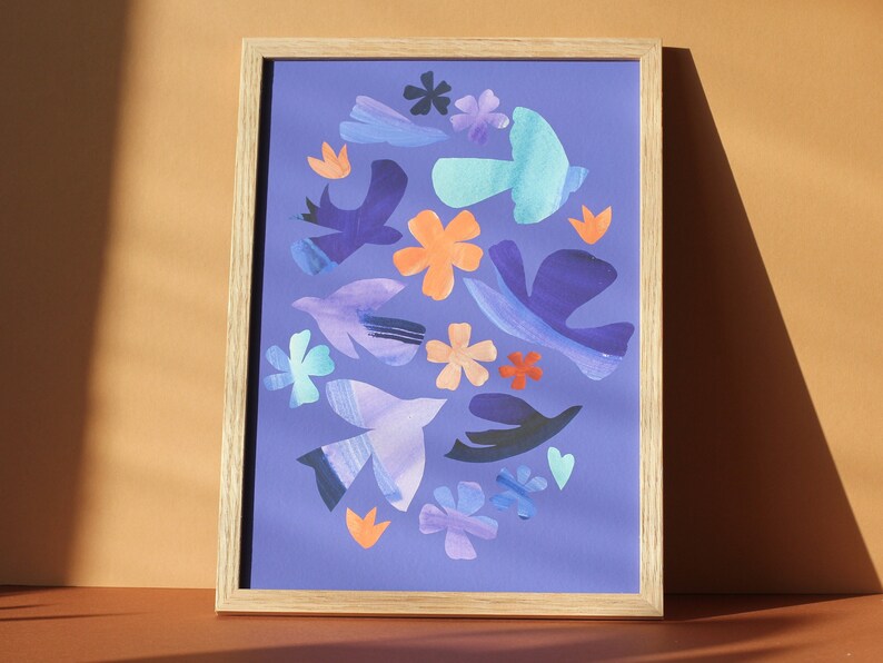 Vibrant birds and flowers collage art print, nature paper cut outs in Matisse style image 2