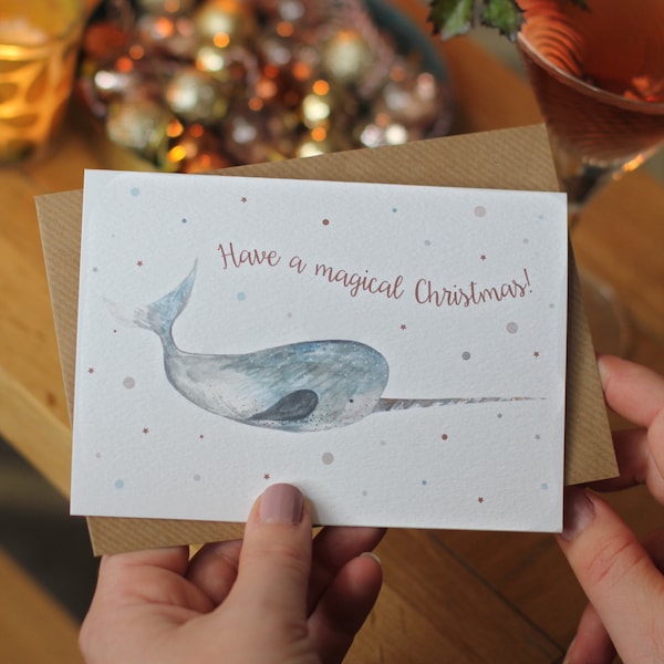 Magical Narwhal Christmas Card, whimsical christmas card, unicorn of the sea