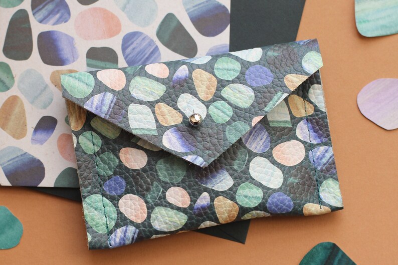 Leather credit card holder or jewellery pouch in deep green sea glass pattern Dark Green