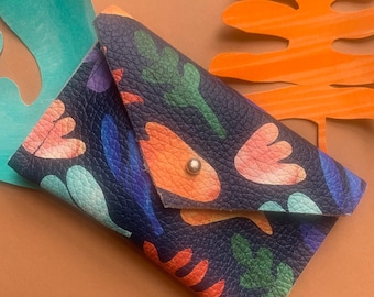 Arty plant and coral print small leather card and coin wallet for women in deep navy blue