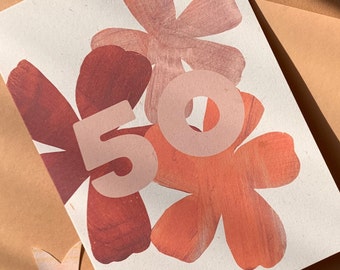 50th Birthday Card, Peach  modern floral collage design