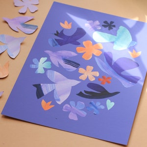 Vibrant birds and flowers collage art print, nature paper cut outs in Matisse style image 3
