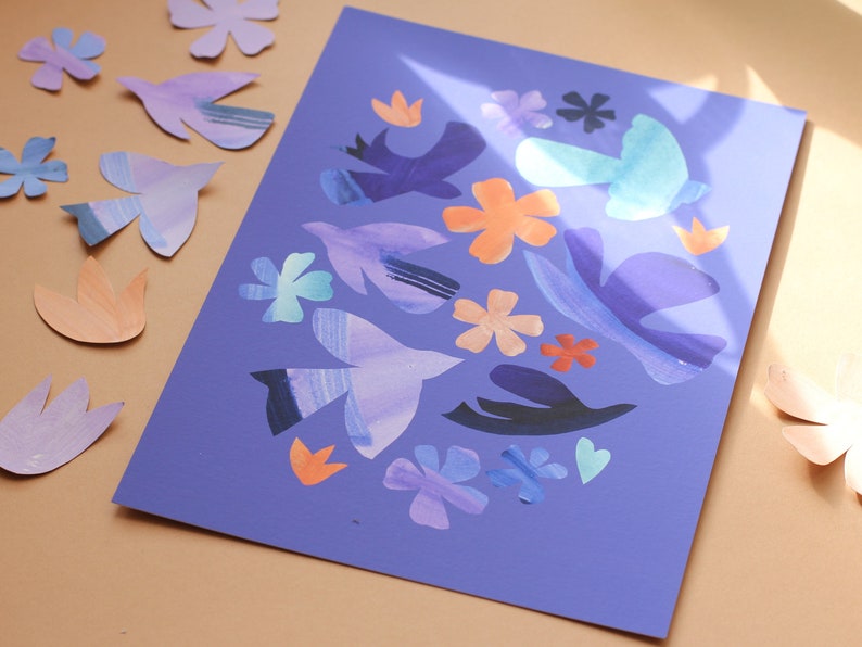 Vibrant birds and flowers collage art print, nature paper cut outs in Matisse style image 3