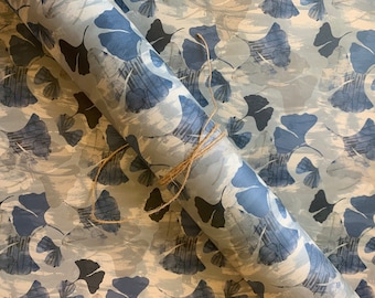 Indigo blue ginkgo leaf print wrapping paper, giftwrap for textile lovers.