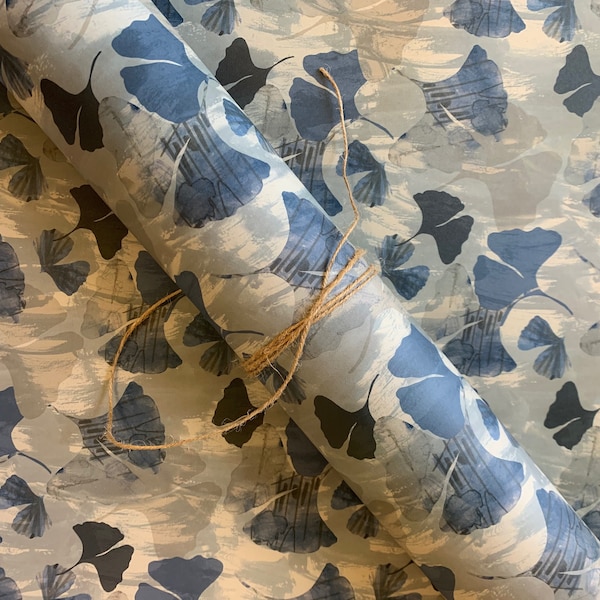 Indigo blue ginkgo leaf print wrapping paper, giftwrap for textile lovers.