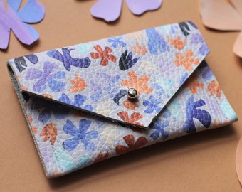 Leather card wallet or business card holder in Matisse style flower and bird print